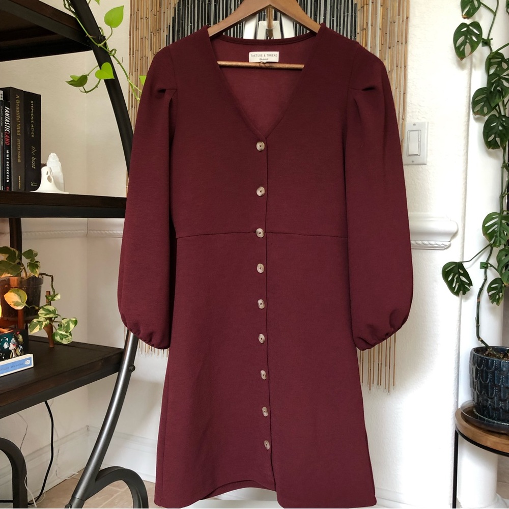 Madewell Texture & Thread Burgundy Button-up Bishop Sleeve Dress